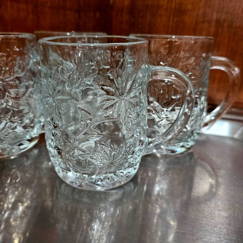 4 Princess House Crystal Fantasia Coffee Mugs 4" poinsettia chintz floral teacup